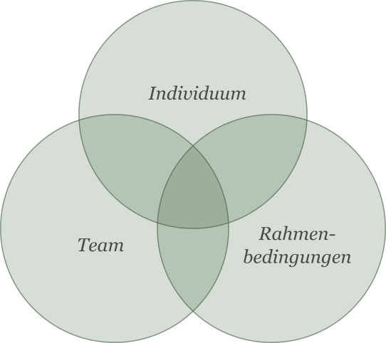 Zusammenhang Ven-Diagramm in grün mit drei Kreisen: Individuum, Rahmenbedingungen
und Team